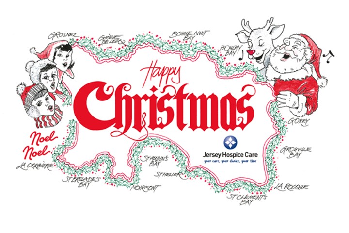 Christmas card, outline of Jersey with Santa and Rudolf 